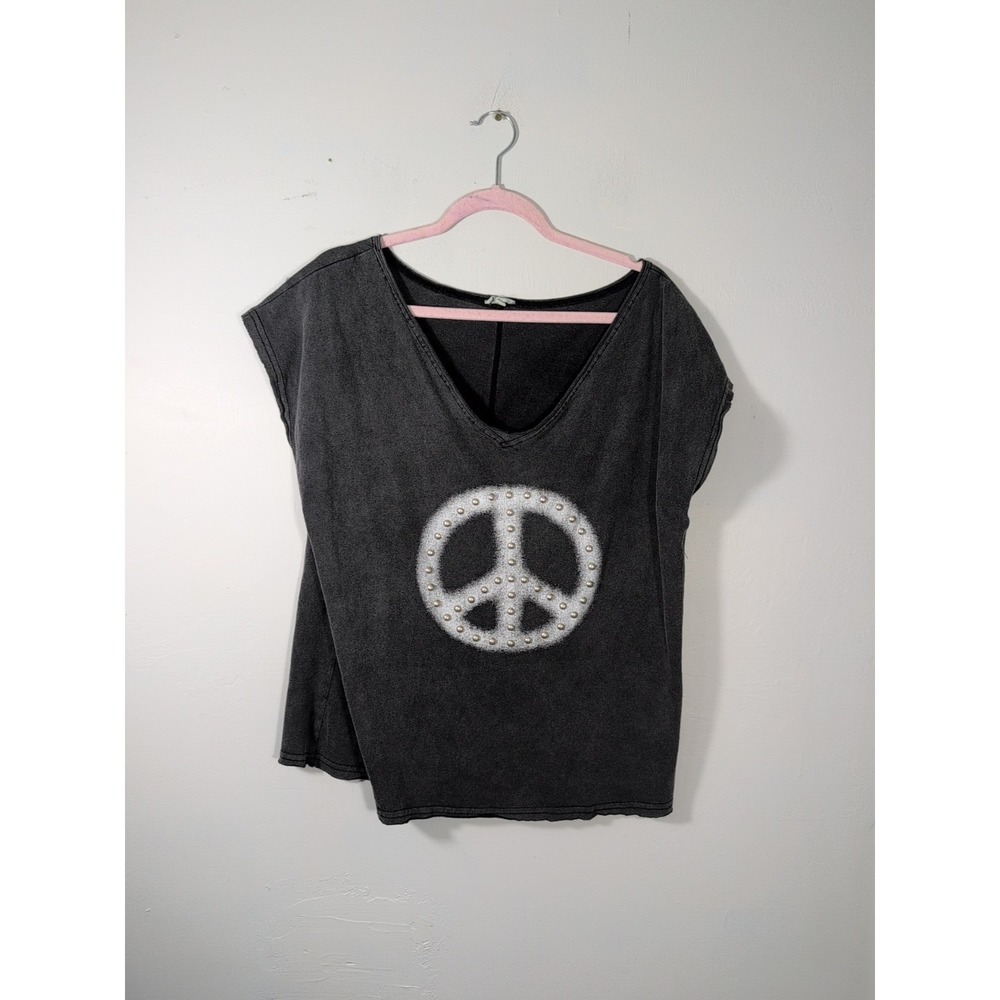 POL Small Studded Grey PEACE SYMBOL Sleeveless Sign Logo Free Love Hippie
